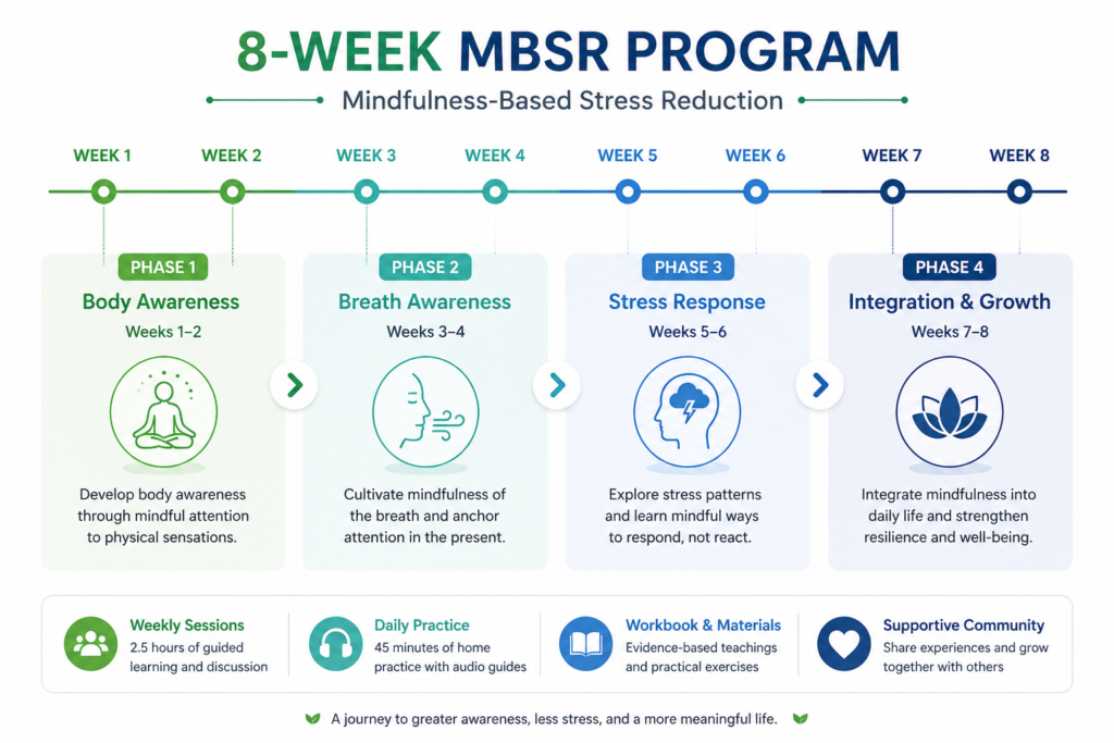 8-week MBSR mindfulness-based stress reduction training course structure timeline