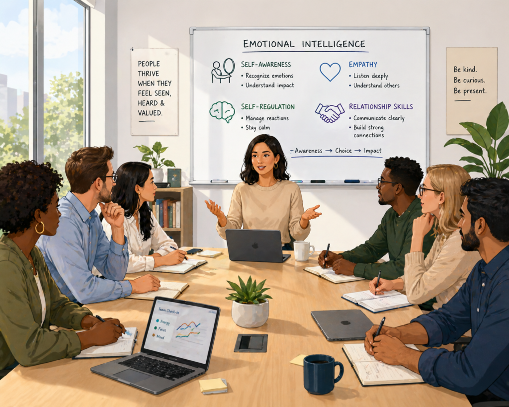 A confident professional demonstrating emotional intelligence skills while leading a team meeting