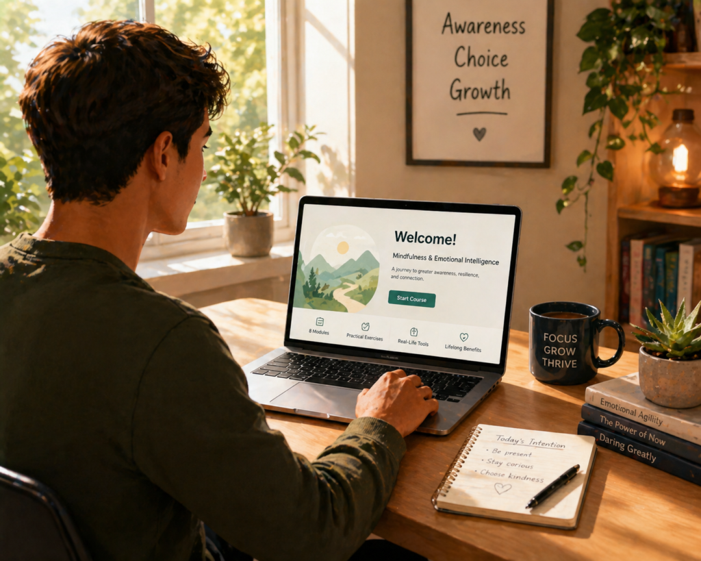 A motivated professional starting an emotional intelligence course on their laptop