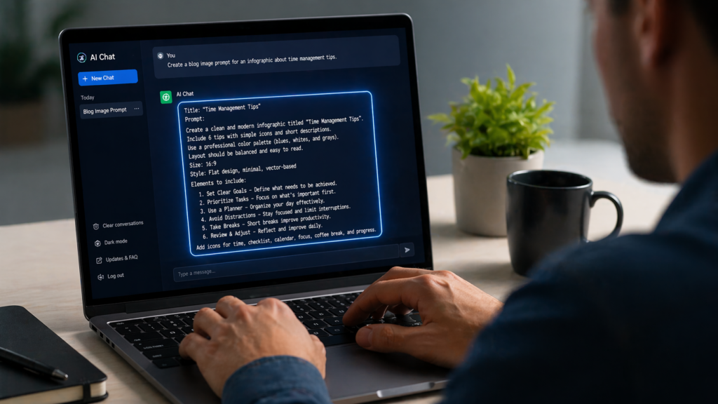 A person typing a structured AI prompt on a laptop with glowing chat interface on screen