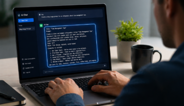 A person typing a structured AI prompt on a laptop with glowing chat interface on screen