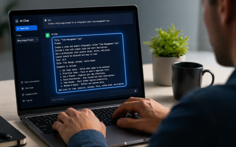 A person typing a structured AI prompt on a laptop with glowing chat interface on screen