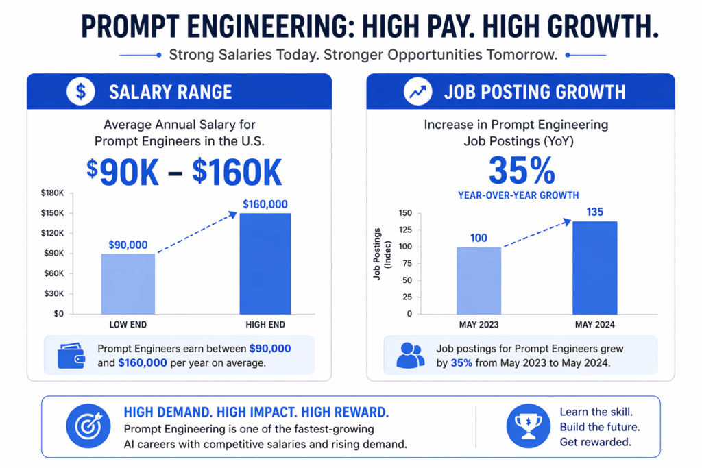 Bar chart showing rising salary ranges and job postings for prompt engineering roles in 2026