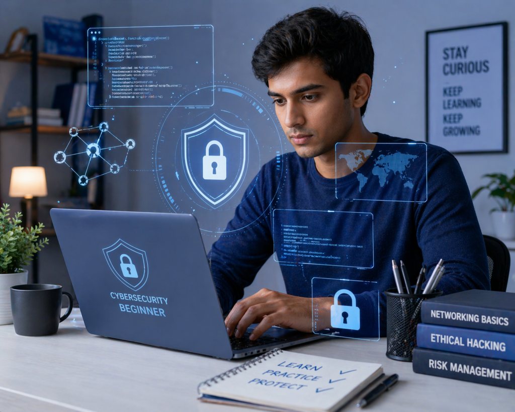 Beginner learning cybersecurity basics on laptop with security icons
