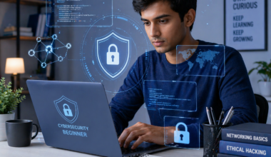 Beginner learning cybersecurity basics on laptop with security icons