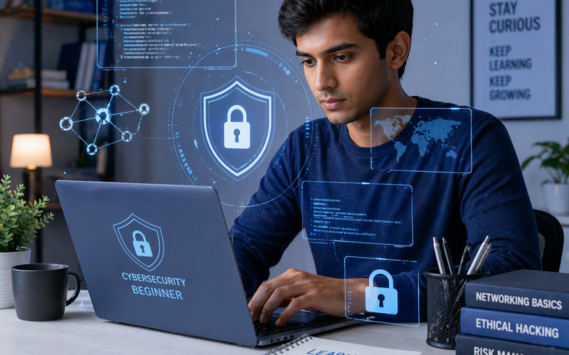 Beginner learning cybersecurity basics on laptop with security icons