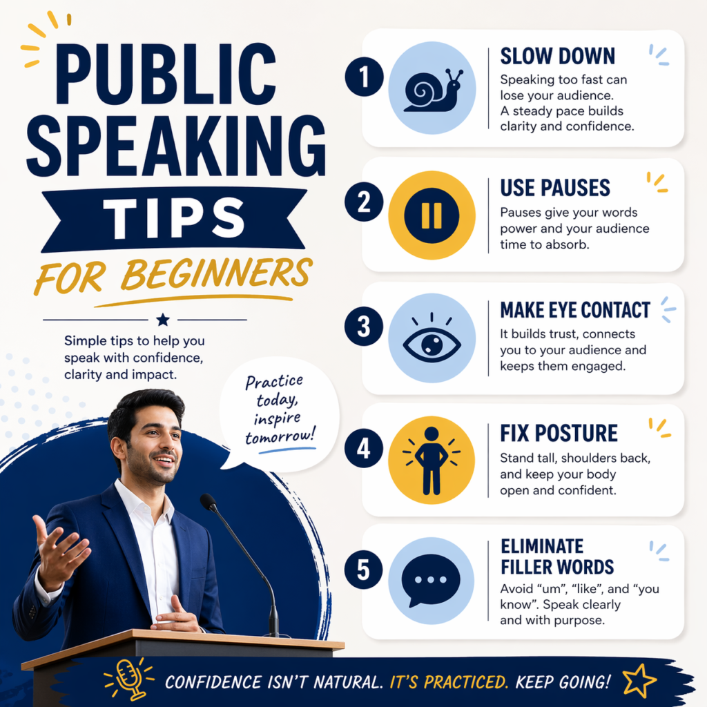 Best public speaking tips for beginners including eye contact posture and pace