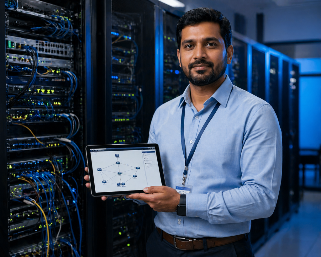 CCNA certified network engineer working in a data center, showcasing career opportunities after cisco certified network associate certification