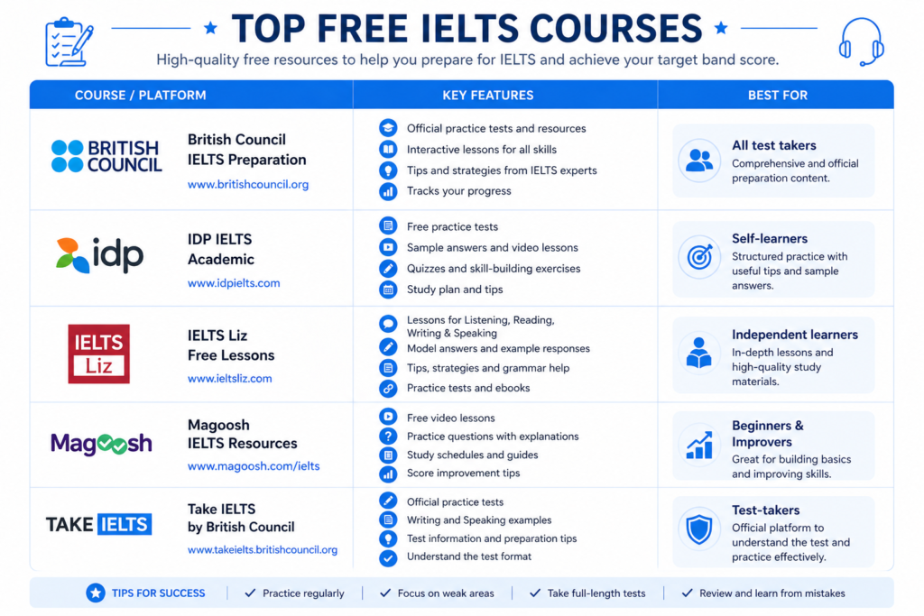 Chart comparing top free IELTS preparation courses including British Council, Coursera, and E2 IELTS