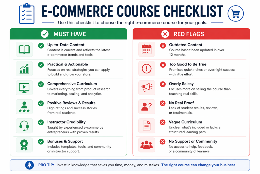 Checklist for choosing the best e-commerce course online with green and red indicators