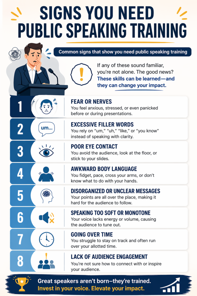 Common signs that show you need public speaking training infographic