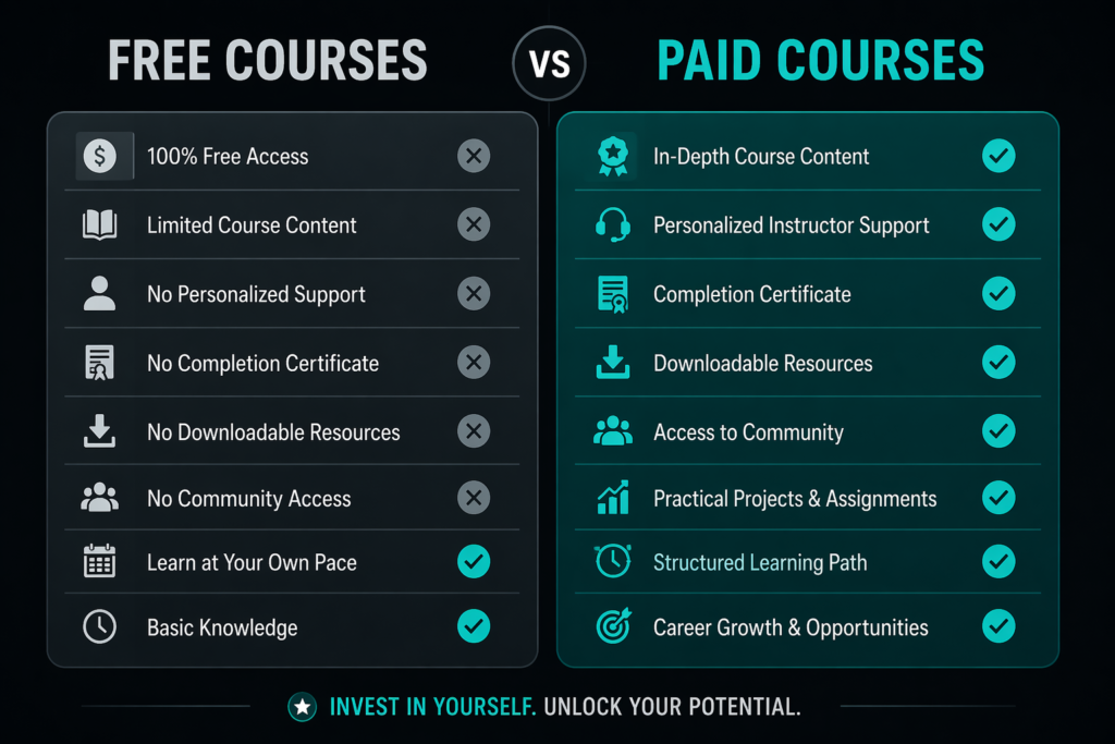 Comparison graphic showing features of free and paid online editing training programs