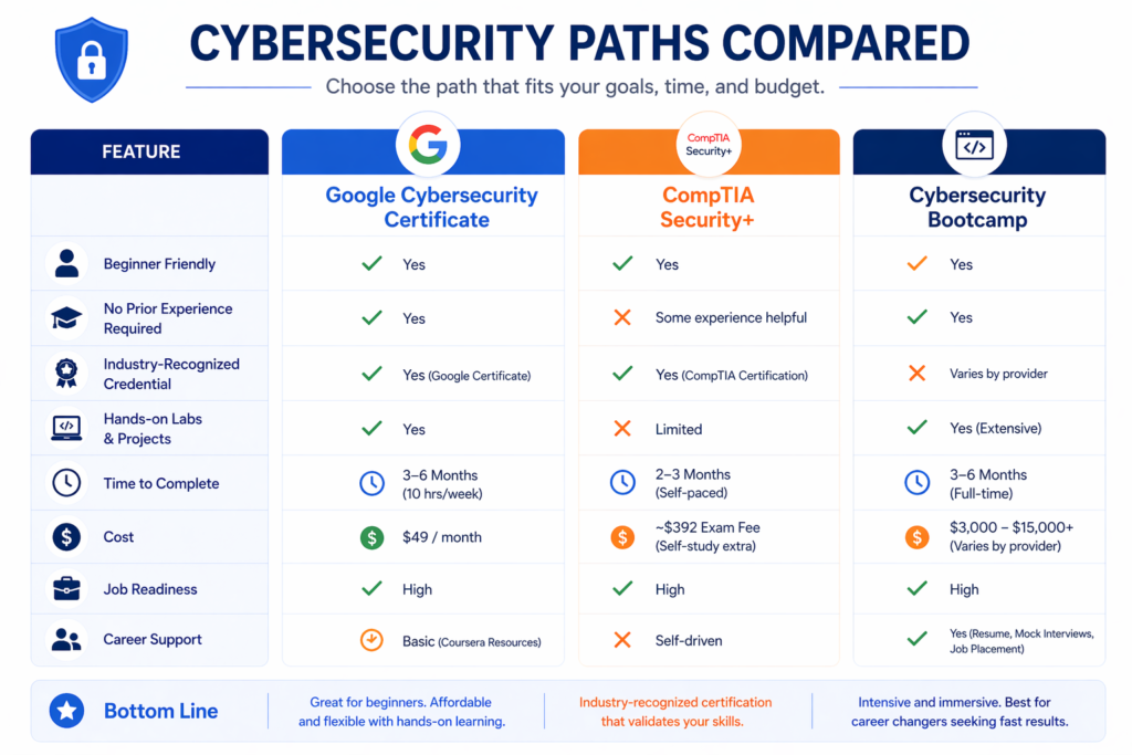 Comparison of Google Cybersecurity Certificate versus alternatives like CompTIA Security+ and cybersecurity bootcamps