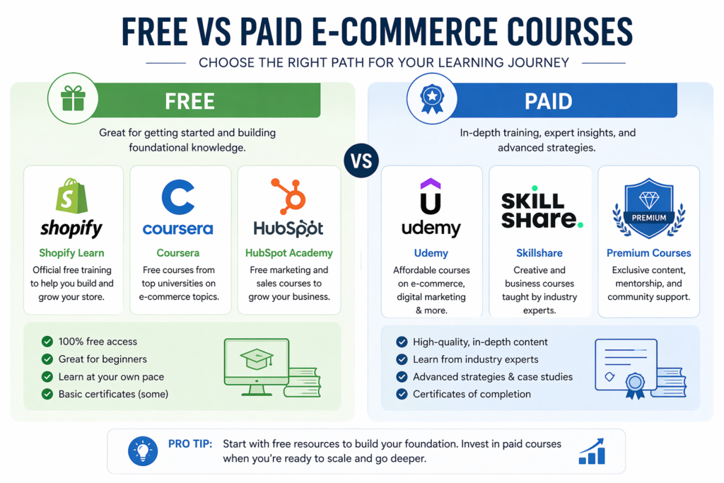 Comparison of best free and paid e-commerce courses online for beginners