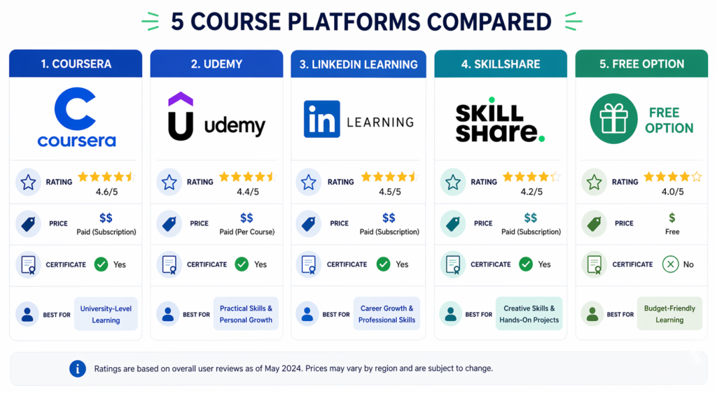 Comparison of best online time management courses in 2026 by platform, price, and rating
