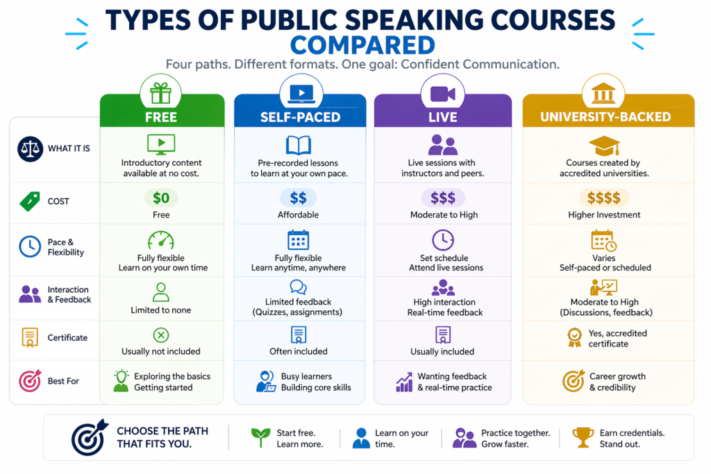 Comparison of different types of public speaking courses available online