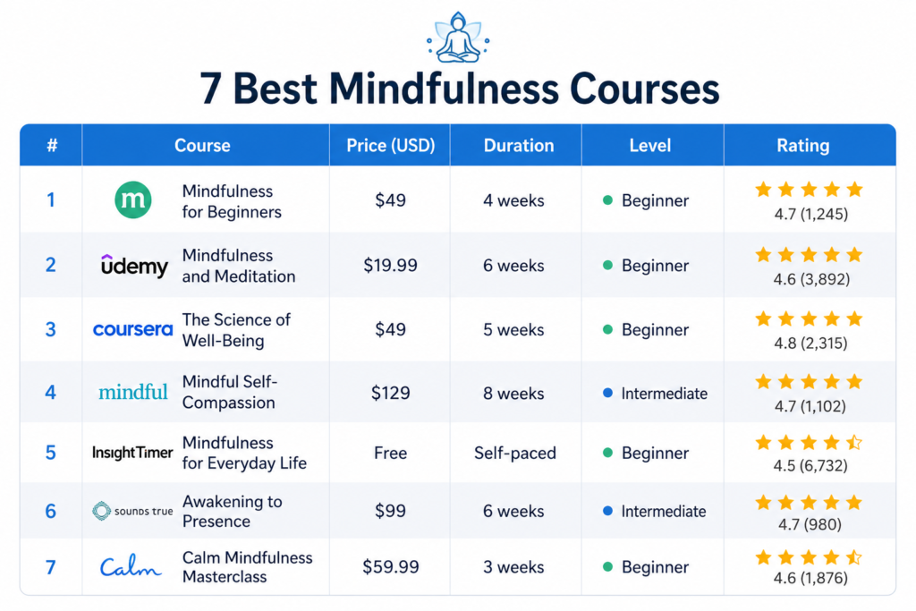 Comparison table of best mindfulness courses 2026 free and paid
