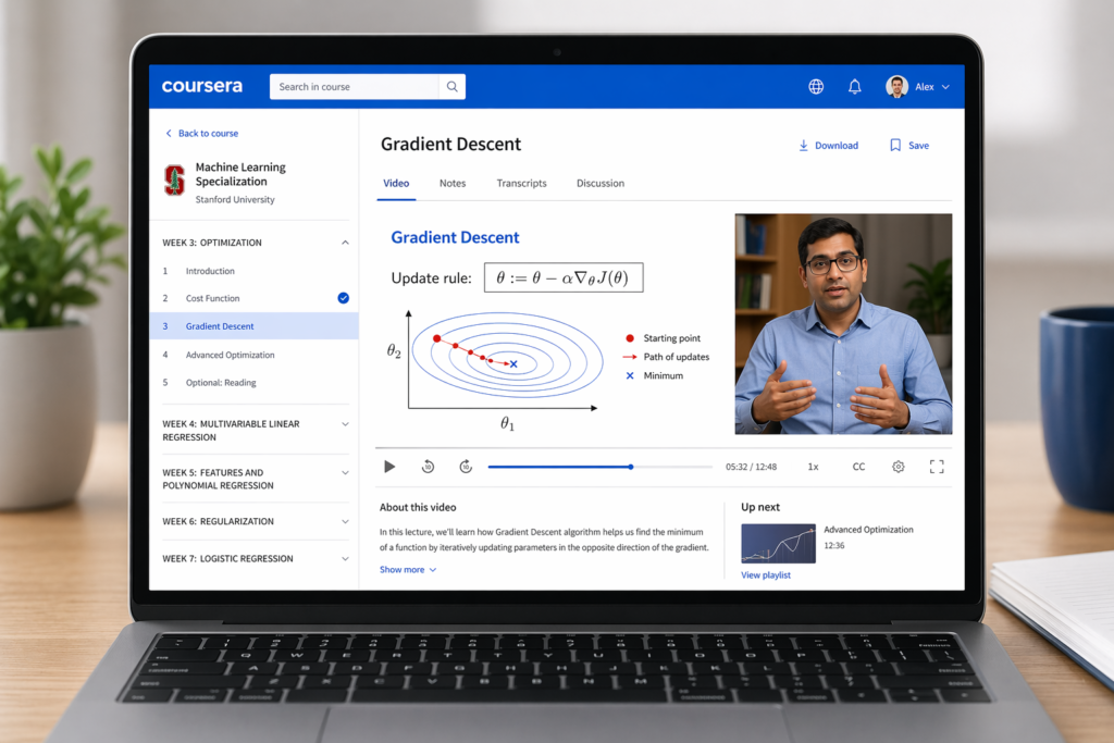 Coursera machine learning course Andrew Ng review 2026.