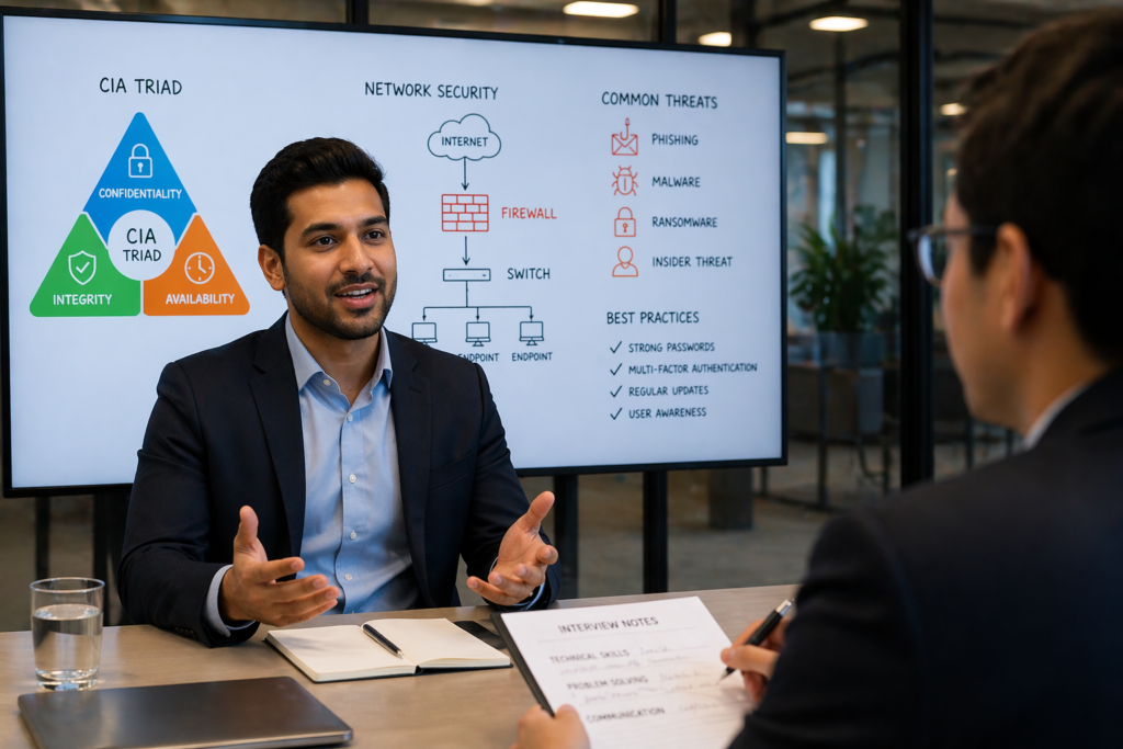 Cybersecurity interview preparation with technical concepts on whiteboard