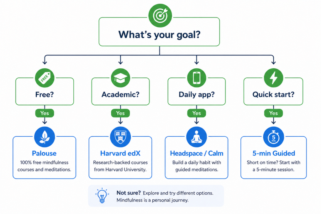 Decision flowchart for choosing the best mindfulness course based on budget and goals