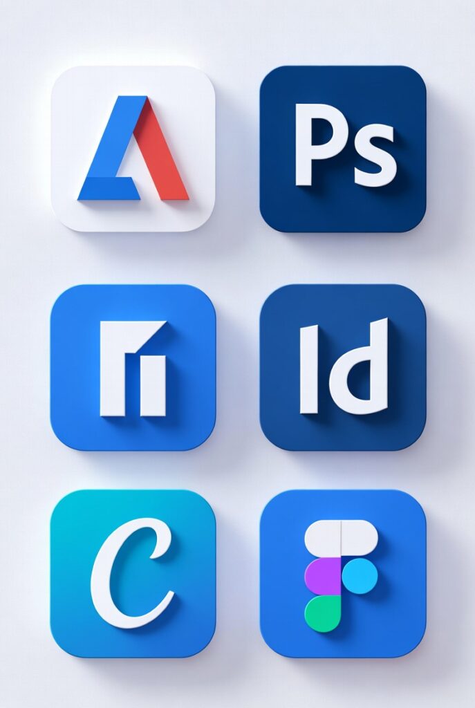Design software icons including Illustrator Photoshop Canva and Figma used across top graphic design courses