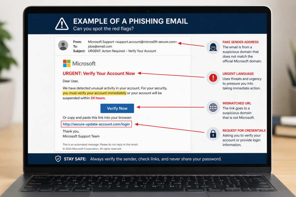 Example of a phishing attack email with warning signs highlighted