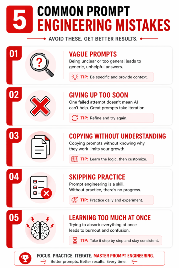 Five labeled mistake icons showing vague prompts, giving up, copying without understanding, skipping practice, and trying to learn everything at once