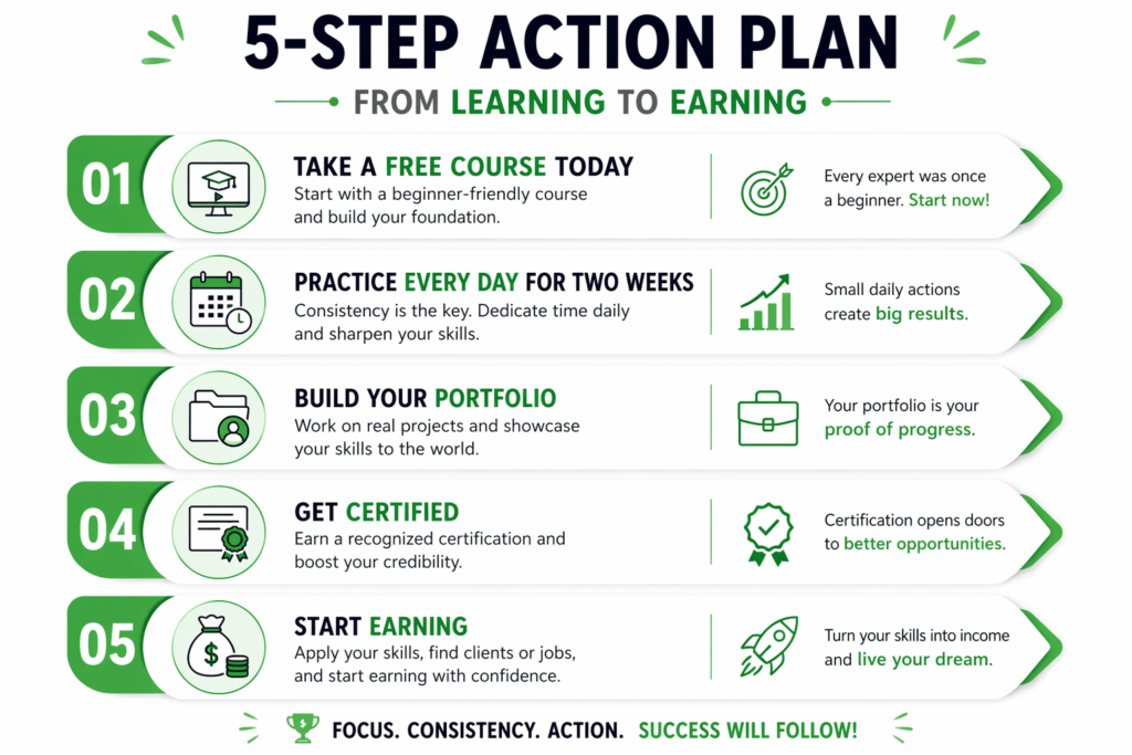 Five numbered action steps in a visual checklist format take a free course, practice daily, build portfolio, get certified, start earning