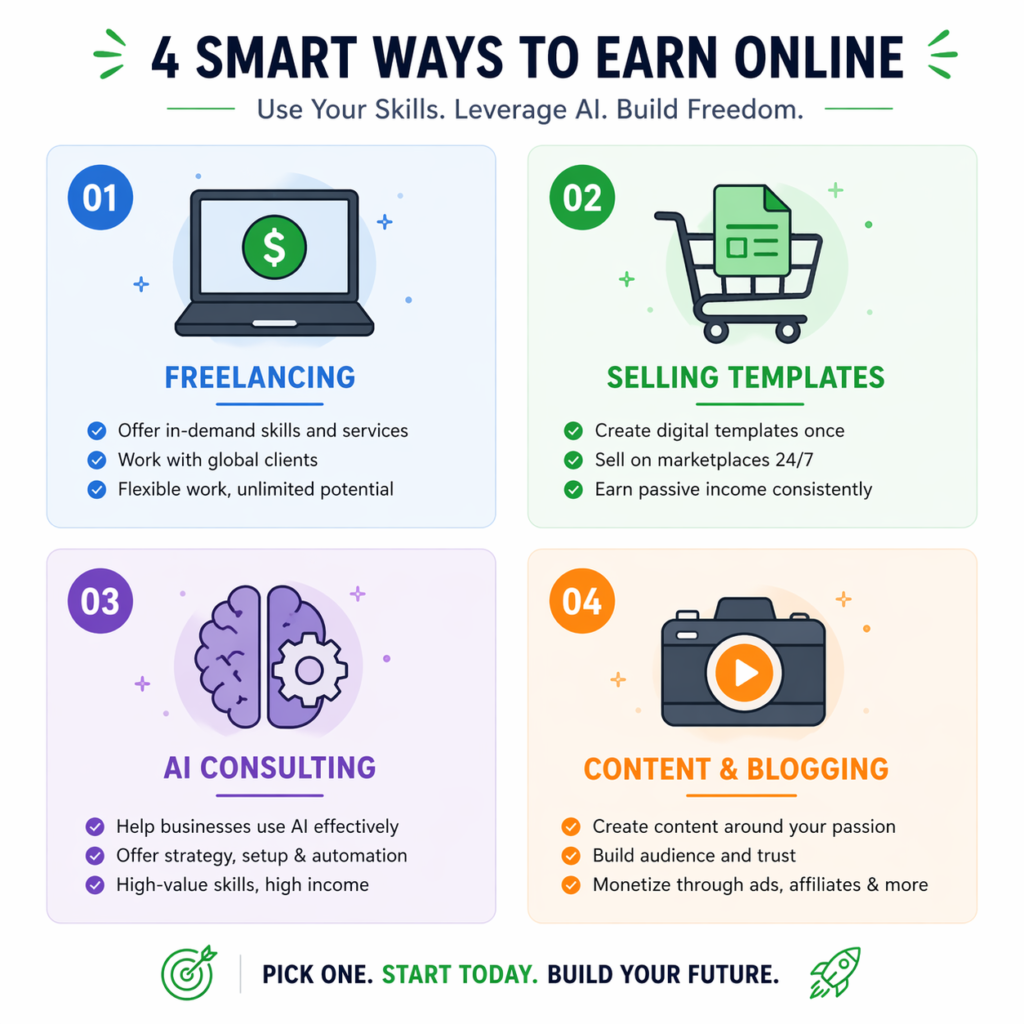 Four-quadrant infographic showing freelancing, template selling, AI consulting, and content creation as income streams from prompt engineering