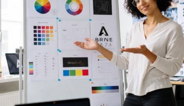 Graphic designer reviewing brand identity work after completing an online design course