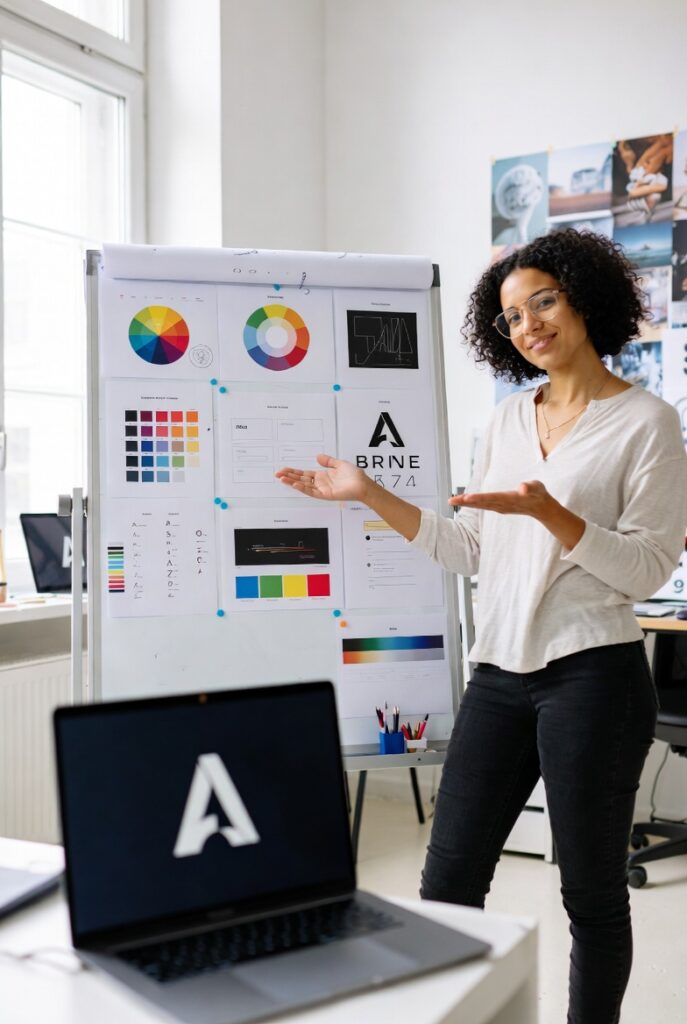 Graphic designer reviewing brand identity work after completing an online design course