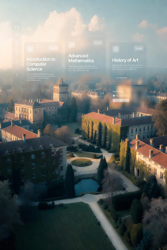 Harvard university campus with digital online learning interface overlay for entrepreneurs