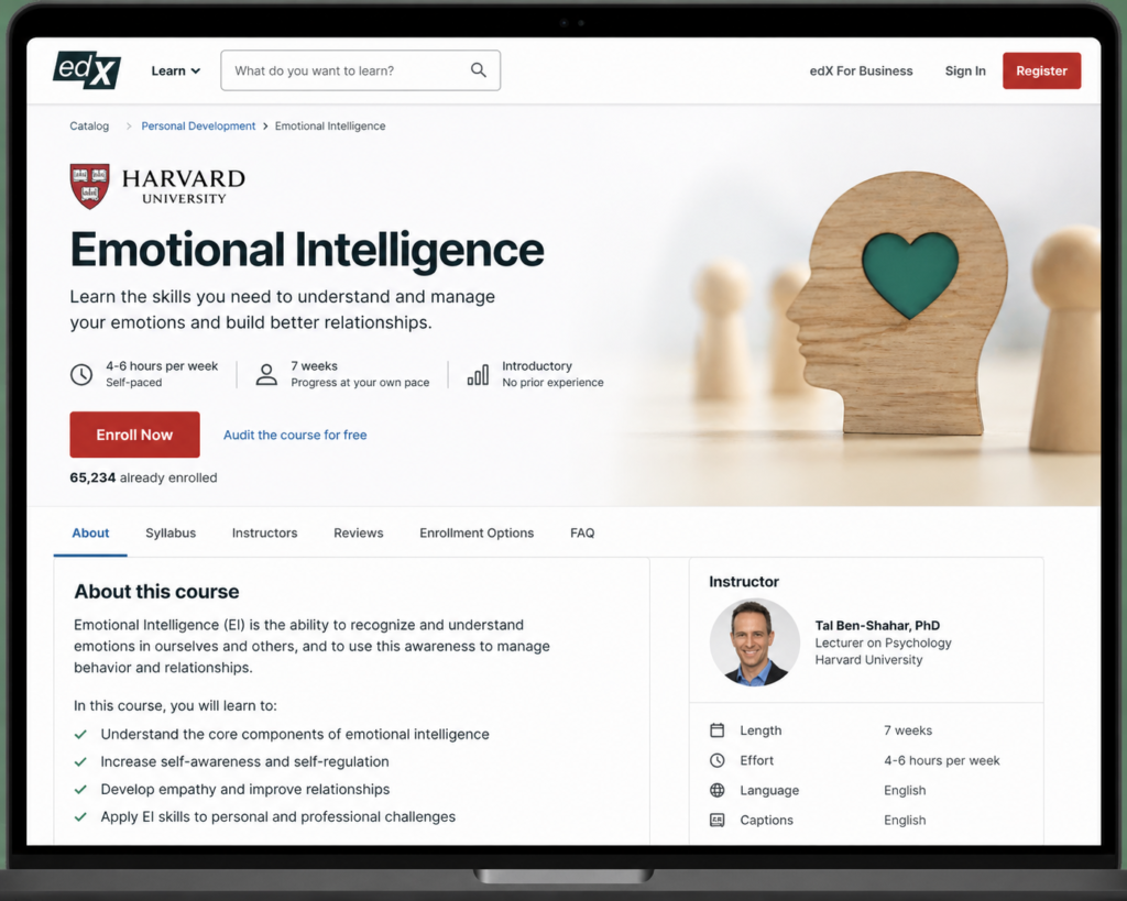 HarvardX emotional intelligence course on edX platform for online learners Image