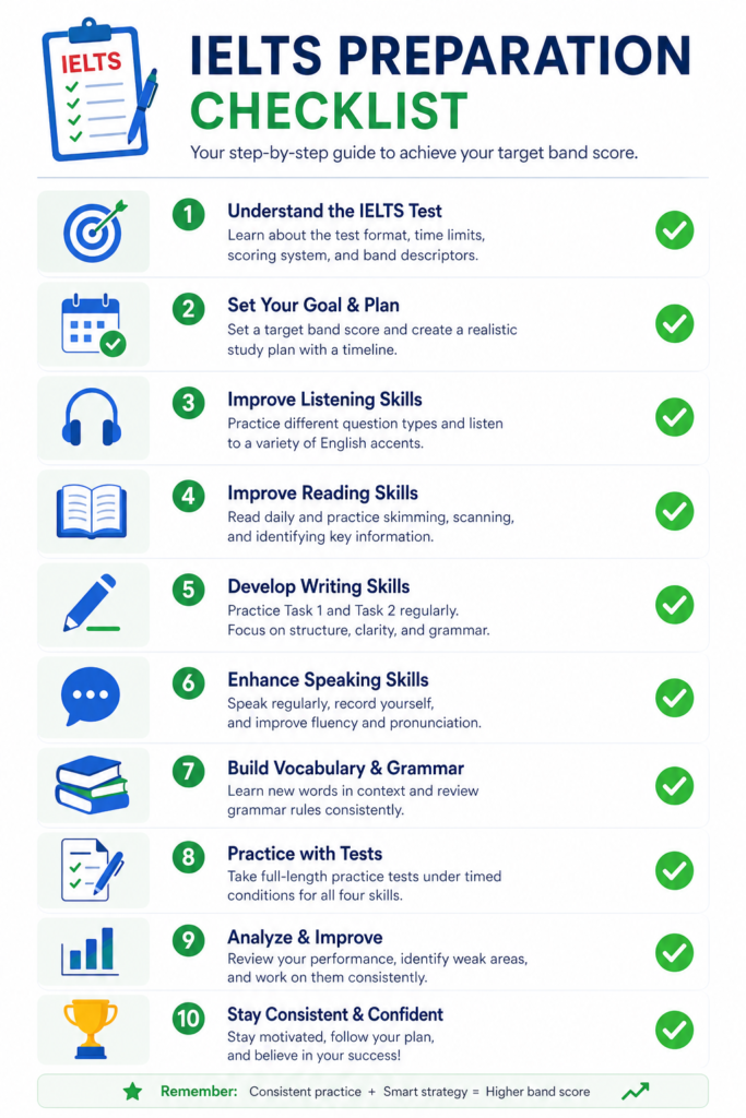 IELTS exam day preparation checklist showing skills readiness and final week plan