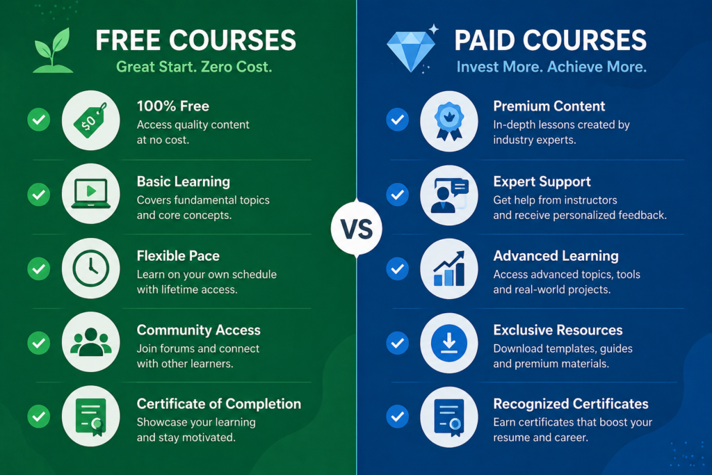 Infographic comparing free and paid mindfulness course options pros and cons