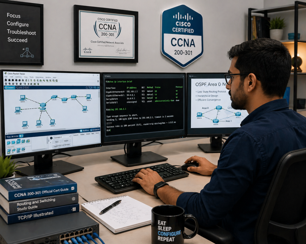 Network engineer studying for Cisco Certified Network Associate CCNA exam