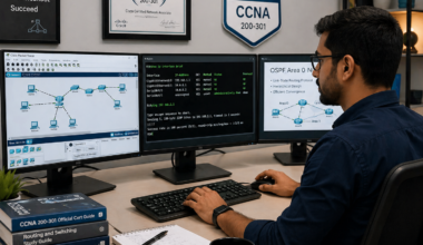 Network engineer studying for Cisco Certified Network Associate CCNA exam