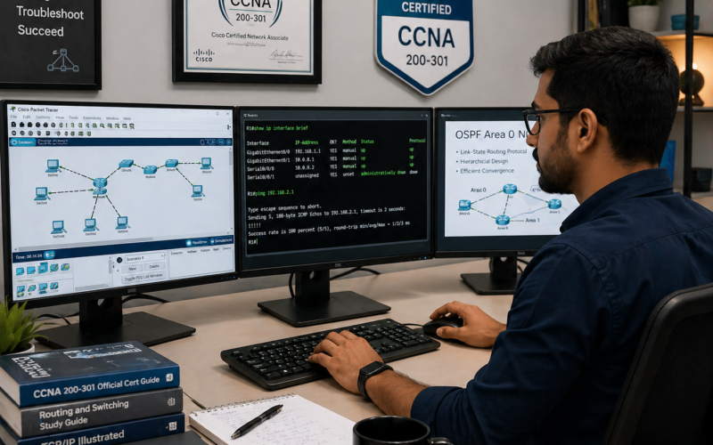 Network engineer studying for Cisco Certified Network Associate CCNA exam