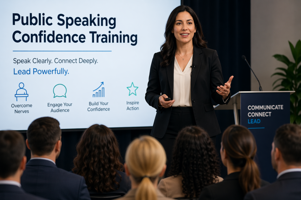 Person confidently speaking in front of an audience at a professional event