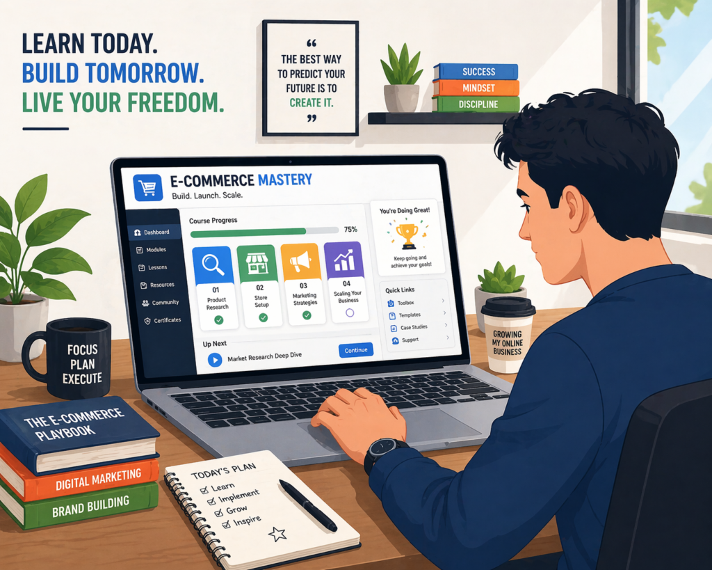Person learning e-commerce courses online to launch a store