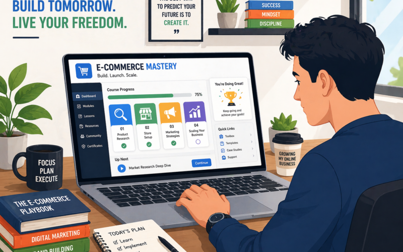 Person learning e-commerce courses online to launch a store