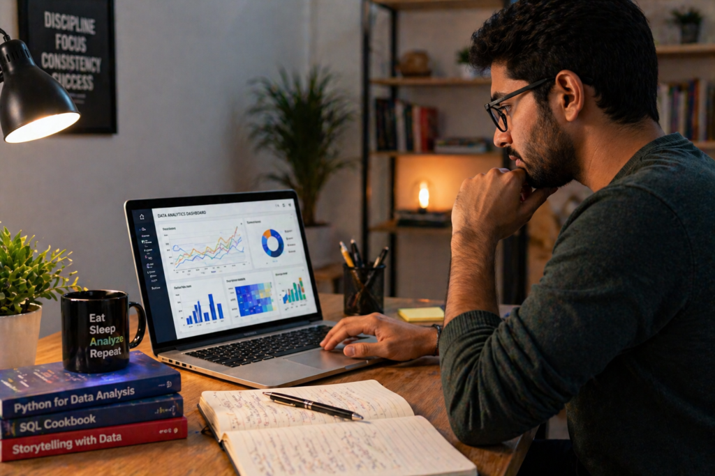 Person studying IBM data analyst course on laptop with data visualizations on screen
