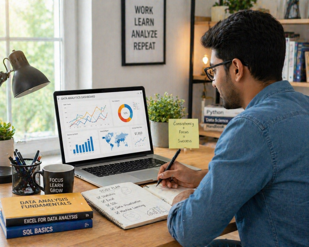 Person studying for data analyst certification online