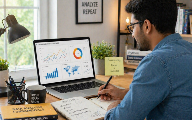 Person studying for data analyst certification online