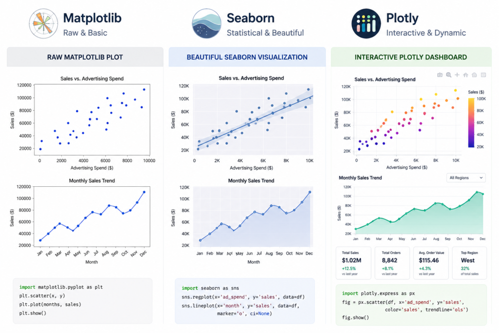 Python data visualization libraries comparison chart showing Matplotlib Seaborn Plotly outputs
