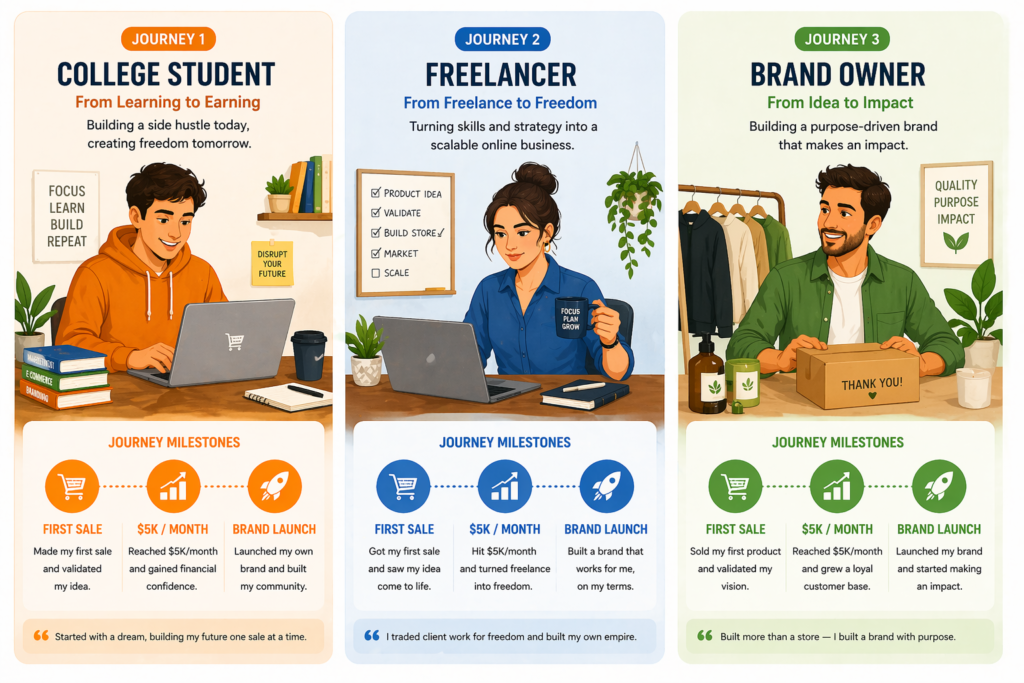 Real e-commerce success stories showing people who went from taking courses to launching profitable online stores