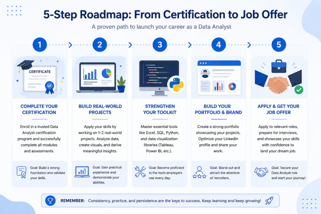 Roadmap infographic showing steps from IBM data analyst certificate completion to landing a data analyst job