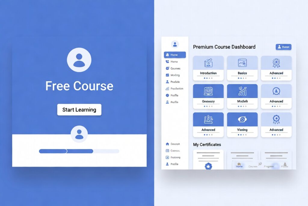 Side-by-side comparison showing free design courses and paid design programs for beginners