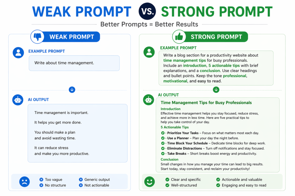 Split-screen comparison showing a vague AI prompt on the left producing a short generic response, and a structured detailed prompt on the right producing rich organized content