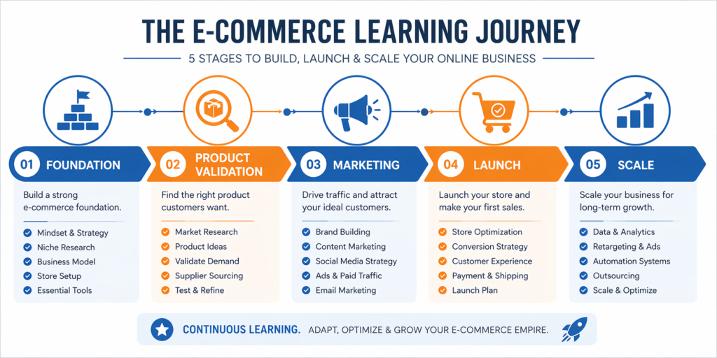 Step-by-step e-commerce learning path diagram for beginners